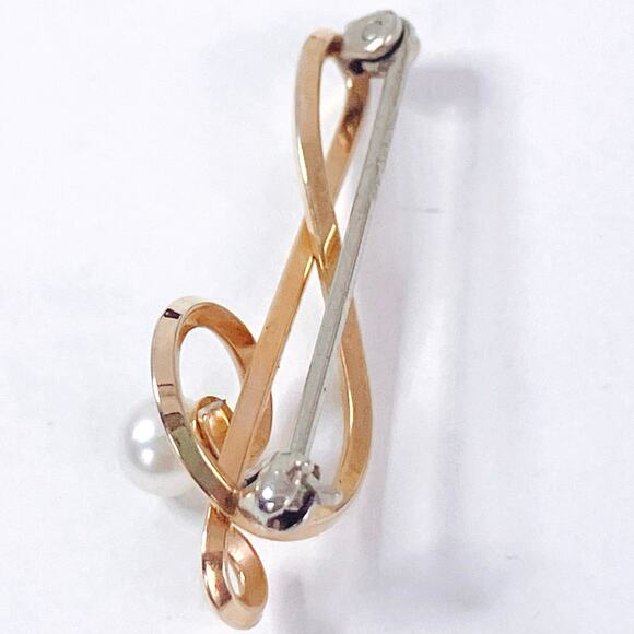 Vintage Signed Krementz Gold Filled Treble Clef Pearl Brooch Music - Picture 6 of 10
